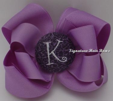 Purple Print Monogrammed Button Bow