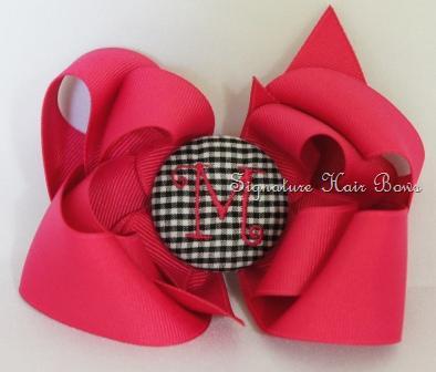 Pink and Black Gingham Monogrammed Button Bow