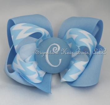 Baby Blue Chevron Monogrammed Button Bow
