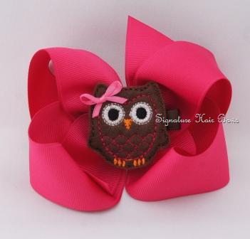Shocking Pink Bow with Owl Clippy