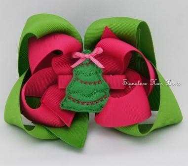 Pink and Green Christmas Bow with Felt Tree Clip